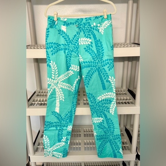Lily Pulitzer Cotton Straight Leg Pants Palm Tree Print‎ Turquoise Size 10 - Picture 2 of 9